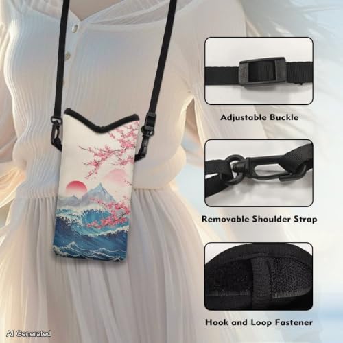 Image of Women Men Small Crossbody Phone Bag Cellphone Wallet Purse Compatible with Most Smartphones Phone Carry Pouch for Travel, Outings, Beach, Japanese Art Style Mountain Sea Wave Flower