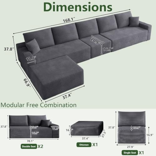 Image of Oversized Modular Sectional Sofa Couch,Large 6 Seater Corner Sofa Modern L Shaped Sectional Couch with Ottoman Cloud Couches for Living Room,Office,Spacious Space,Corduroy,No Assembly,Dark Grey