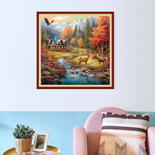Image of Redxing Stamped Cross Stitch Kits Embroidery kit for Beginners Adults Full Range of Embroidery Patterns Starter Kits DIY Printed Cross Stitch Kits Needlepoint Kits 11CT-Autumn Cabin elk 18x18 inch