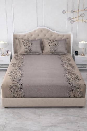 Image of 300 TC Cotton Feel Glace Cotton Elastic Fitted Bedsheet for King Size Double Bed | Fits up to 8 Inch Mattress | Printed Bedsheet with 2 Pillow Covers (Coffee, Double Size - 72 inchx72 inch)
