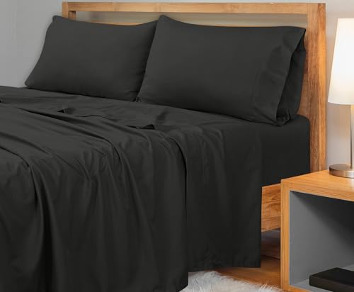 Image of Royale Linens 300 Thread Count 100% Long Staple Combed Cotton Flat Sheet - Super Soft - Top Sheets - Full Flat Sheet Sold Separately - Breathable, Cool & Crisp Percale Sheets Only (Twin XL, Black)