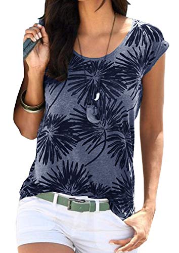 Cassiecy Damen T-Shirt Sommer Kurzarm Rundhals Casual Oberteile Baumwoll Basic Tops Shirt(NA,l)