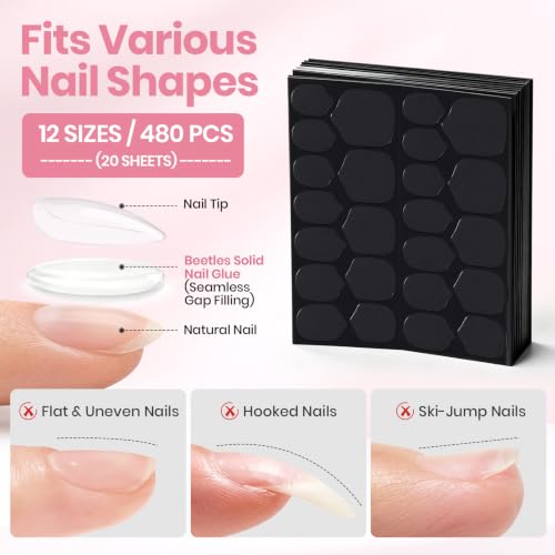 Image of Beetles Nail Sticky Tabs, 480pcs, Long-Lasting Adhesive Tabs for Press Ons | 20 Sheets 12 Sizes, Strong Hold Double Sided Nail Glue Stickers, Waterproof Breathable, Easy Remove UV Sticky Tabs for Nails
