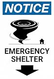 Emergency Shelter Tin Sign 12x8 Inch, Notice Tornado Safety Metal Wall Sign with Arrow, Weather Warning Guide Plaque for Home, School, Office, Basement, Shelter Area Decor