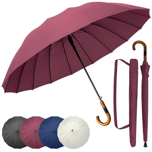 unycos   Paraguas de Golf Resistente al Viento【Grande, XL】 Automático e Impermeable con Mango de Madera, Protección UV para Hombre y Mujer, 120 cm, 16 Varillas | Incluye Funda y Correa (Vino Tinto)