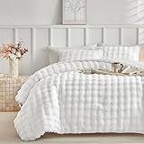 Tokokimo Fluffy Fleece King Size Comforter Set, Ultra Soft Reversible Heavyweight Fleece Bedding, Extra Warm Winter Comforter with 2 Pillow Cases, All Season Fuzzy Comforter Set, White
