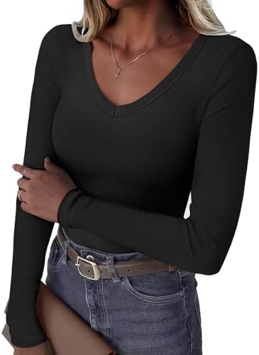 Women Long Sleeve V Neck Ribbed Knit Slim Fit Shirts Basic Tee Tops 2025 Fall Casual T Shirt Blouse Outfits Clothes