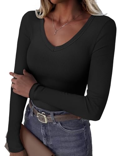 GKBK Women Long Sleeve V Neck Ribbed Knit Slim Fitted Shirts Basic Tee Cute Tshirts Going Out Tops 2025 Fall Winter Casual T Shirts Blouse Outfits Work Fashion Trendy Clothe Black L