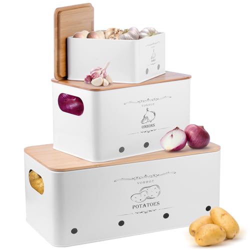 VORHOT Caja Patatas y Cebollas, Juego de 3 Tarros de Patatas, Cebollas, Ajos con Tapa de bambú y Orificios de Ventilación, Blanco