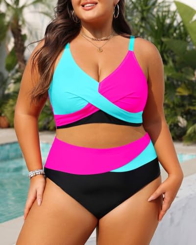 Image of Tempt Me Plus Size High Waisted Two Piece Swimsuit Color Block Bikini Set