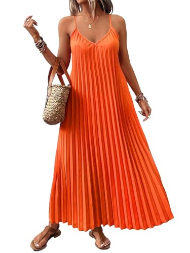 Image of Women's Summer Casual V Neck Sleeveless Strappy Pleated Flowy Loose Maxi Long Beach Dress