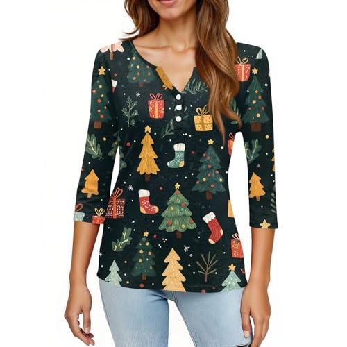 Image of Women Christmas Shirt 3 /4 Length Sleeve Henley Tops Xmas Outfits
