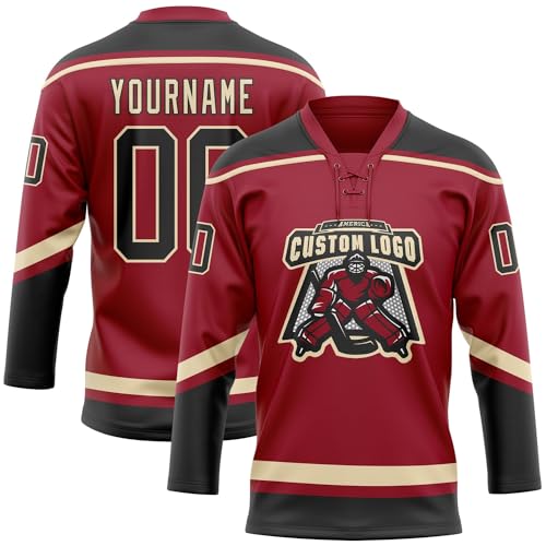 Custom Maroon Black-City Cream Hockey Lace Neck Jersey, Mens Hockey Jersey, Hockey Practice Jersey, Practice Hockey Jersey, Hockey Jersey Men, Jerseys for Men, Hockey Jersey, Hockey Jerseys for Men