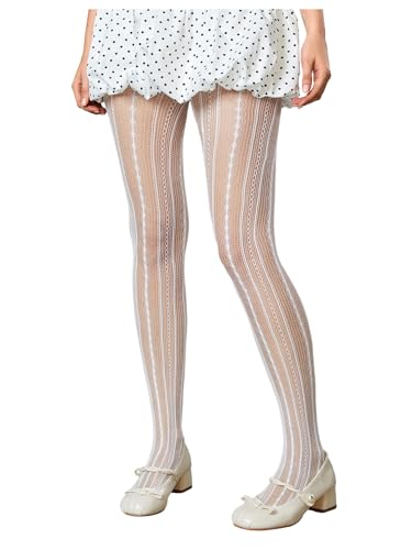 Image of RoseSeek Women's Floral Lace Fishnet Tights Kawaii Y2K See Through Stocking | Sheer Mesh, Lace Tights, Floral Lace Fishnet Tights, Thigh Highs, Leggings, Y2K Stockings