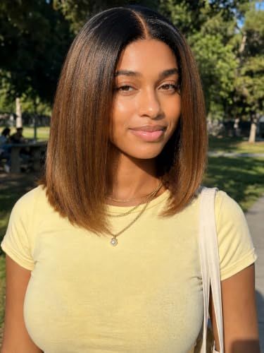 Image of KLAIYI Bye Bye Slip Ombre Chestnut Brown Glueless Precut 7x5 Yaki Straight Bob Wig Human Hair Drawstring Pre Plucked Bleached Knots Pre Everything 30S Ready to Wear and Go Wig with Dark Roots 14Inch