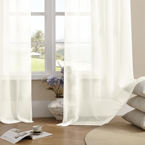Image of Window Curtains White Sheer Curtains 90 Inches Long 2 Panels Tulle Curtains Window Panels for Bedroom Curtains 2 Panel Sets Rod Pocket Sheer White Curtains for Living Room Kitchen Yard 52 W x 90 L