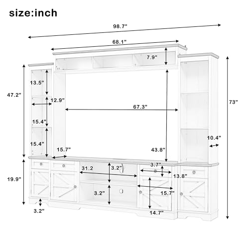 Image of 98.8 inch W Wall Unit Entertainment Center with Bookshelves and Power Outlets for TVs up to 80 inch, Wood TV Stand Media Console with Cabinets Drawers Doors and Adjustable Shelves for Living Room Black+Brown