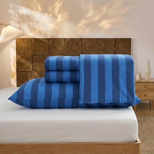 Image of Merryword 100% Cotton Sheet Set Queen Size - Blue and Navy Stripes Bedding, Soft Breathable Percale Weave, Wide Stripe Deep Pocket Sheet 17.5 inch, Luxury Linen Like, 4-Piece All Season Bedding