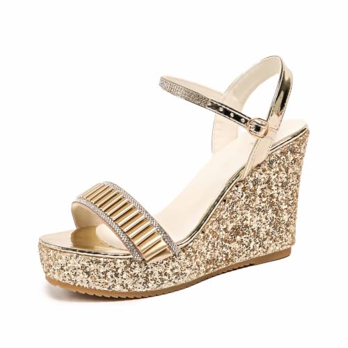 Sandales compensées paillettes dorées idéales pour mariage et soirée