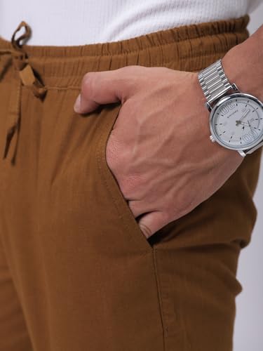 Image of The Indian Garage Co Men Slim Fit Solid Mid-Rise Elasticated Linen Jogger Trouser