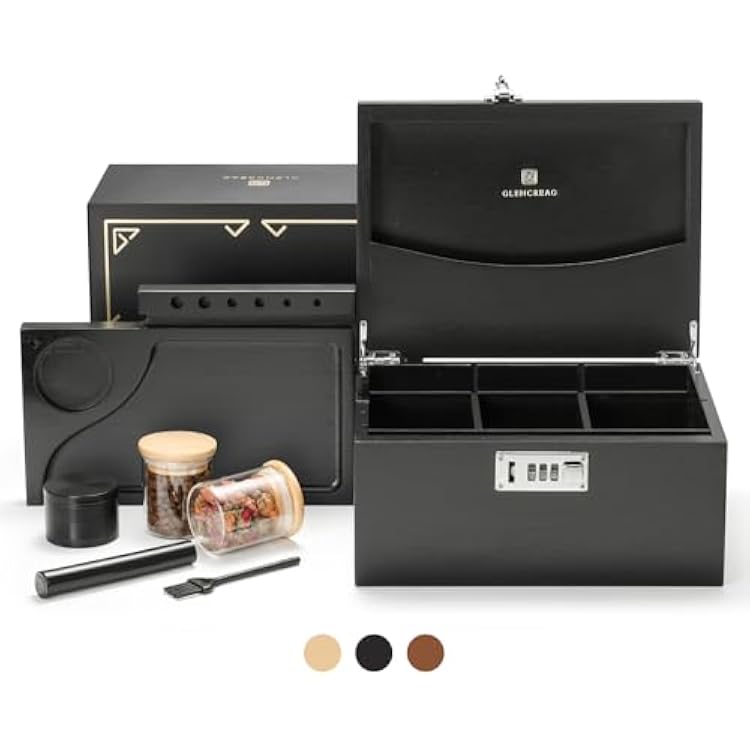 GLENCREAG Stash Box with Rolling Tray, Smell Proof Large Bamboo Storage Box with Lock, Decorative Box Set Includes Glass Jars & Grinder, Gift for Men Women