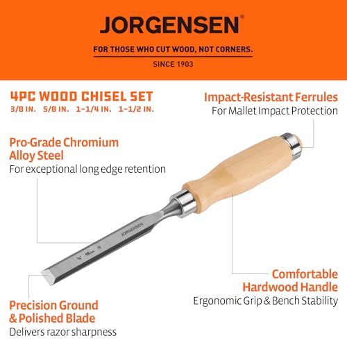 Image of Jorgensen 4-Piece Expansion Wood Chisel Set, Chromium Alloy Steel Beveled Edge Wood Chisels, Wood Chisels for Woodworking, Ergonomic Hardwood Handle with Metal Ferrule, 3 /8 inch, 5 /8 inch, 1-1 /4 inch, 1-1 /2 inch
