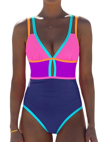 Image of popvil Women One Piece Swimsuit 2026 Tummy Control Sexy Cutout Neon Color Block Bathing Suit Slimming Adjustable Swimwear
