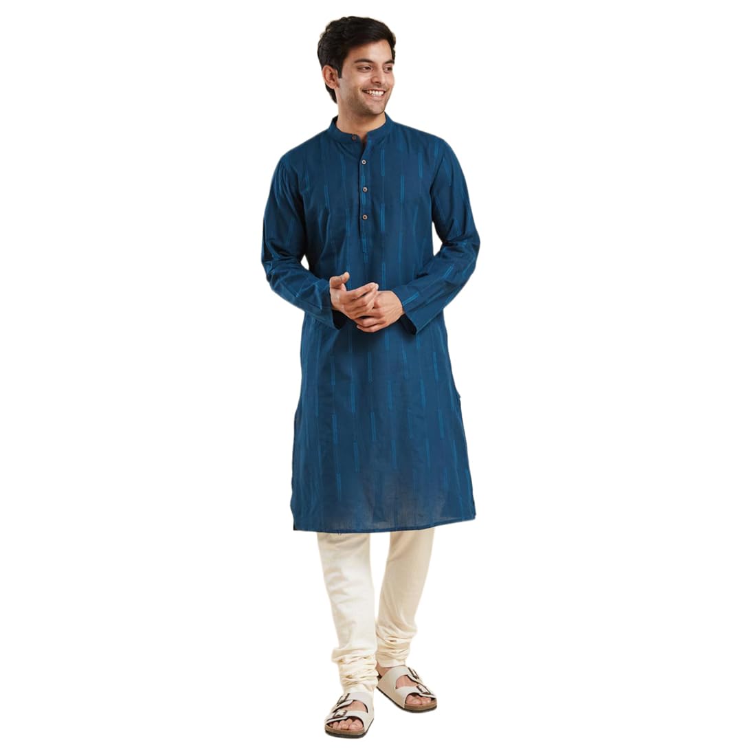AND Navy Cotton Dobby Slim Fit Long Kurta in navy