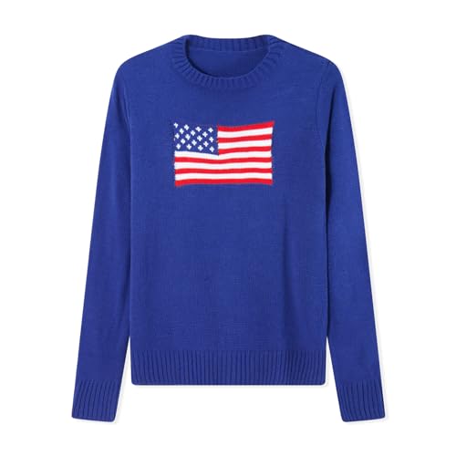 Image of Women American Flag Sweater Loose Vintage USA Sweatshirt Long Sleeve Crewneck Hollow Out 4th of July Jumper