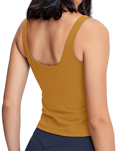 Poshdivah Women Sports Bra Longline Padded Tank Top Naked Feeling Workout Fitness Running Yoga Tops Yellow Small #TOP1