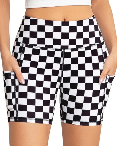 AHLW Checkered Biker Shorts for Women with Pockets - High Waisted Stretchy Buttery Soft Workout Running Yoga Shorts 5 inches
