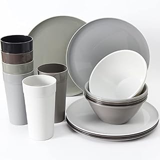 Youngever 18 Piece Re-usable Plastic Kitchen Dinnerware Set, Plates, Dishes, Bowls, Cups, Service for 6 in Assorted Colors (Mint)
