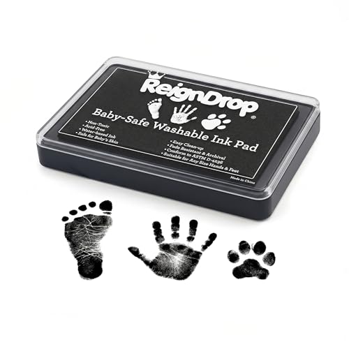 ReignDrop Baby Ink Pad for Hand and Footprints, Non-Toxic Acid-Free Keepsake Kit, Smudge-Proof Archival Ink Wipes Off Skin, for Scrapbook, Photo Album, Frames & Pet Paws, Baby Gift (Black)