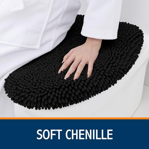 Image of Smiry Soft Chenille Bathroom Toilet Lid Cover, Machine Washable Covers, 17.5x15, Fits Most Round, Elongated and Oblong Lids, Accessories Decor, Black