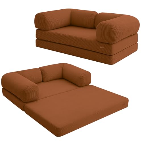 COMAX Futon Sofa Bed, 4-in-1 Floor Foldable Sofa Couch Bed Queen with L-Shaped Armrests, Convertible Folding Chair Bed Corduroy Sleeper Mattress Fold Out Comfy Lounge for Living Room, Orange