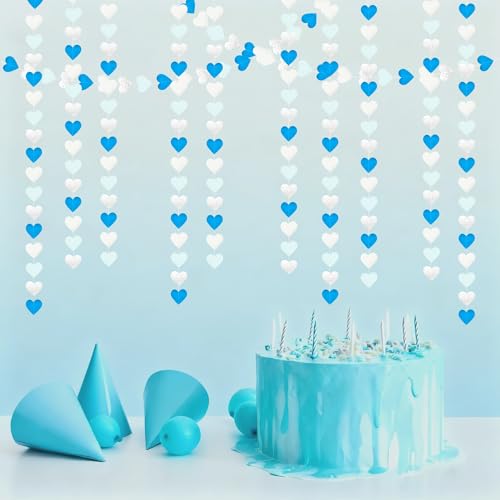 Image of Light-Blue White-Silver Party-Decoration Heart Garland - 39Ft Baby Boy Shower Birthday Streamers Graduation Bachelorette Bridal Christmas Wedding Banner Decor