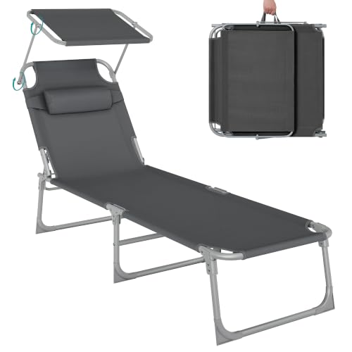 SONGMICS Tumbona, Tumbona Reclinable, 193 x 53 x 29 cm,Carga de 150 kg, con Reposacabezas de Protección Solar y Respaldo Reclinable, para Terraza, Piscina, Jardín, Gris Oscuro GCB19UV1
