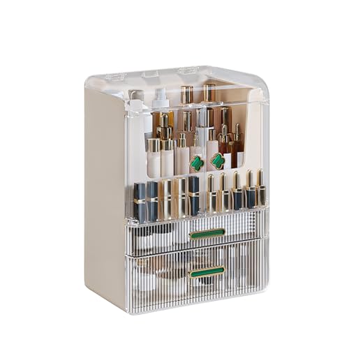 DASITON Makeup Organizer for Vanity,Large Capacity Skincare Organizers,Dustproof Makeup Storage Box,Cosmetic Display Cases with 2 Drawers and Lids,Cosmetic Organizer for Bathroom Countertop(Cream)