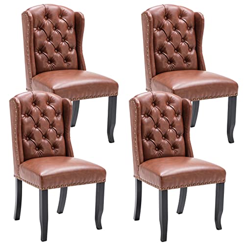 Classic-Dining-Chairs-Set-of-4-Comfy-Tufted-Dining-Room-Chairs-with-High-Back-and-Wooden-Legs-PU-Leather-Upholstered-Armless-Side-Chairs-for-Kitchen-Dining-Room-Living-Room-Brown Classic Dining Chairs Set of 4 Comfy Tufted Dining Room Chairs with High Back and Wooden Legs PU Leather Upholstered Armless Side Chairs for Kitchen Dining Room Living Room Brown