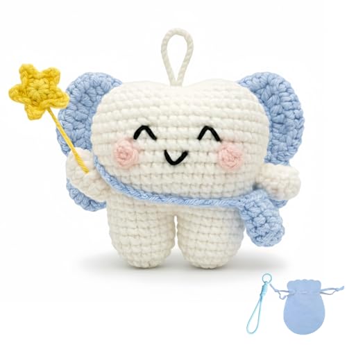LUDEONA Tooth Fairy Crochet Plush with Tooth Pouch Door Hanger & Keychain Mini Tooth Holder Keepsake for Lost Teeth Includes Velvet Gift Bag Tooth Fairy Pillow Alternative (Blue)