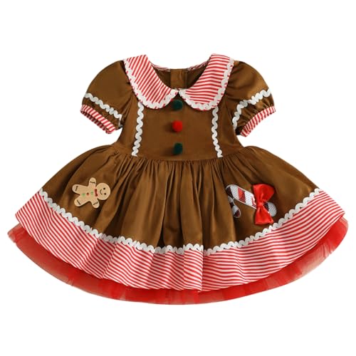Adobabirl Toddler Baby Girl Christmas Gingerbread Dress Doll Collar Bubble Short Sleeve Christmas Tutu Dresses for Girls