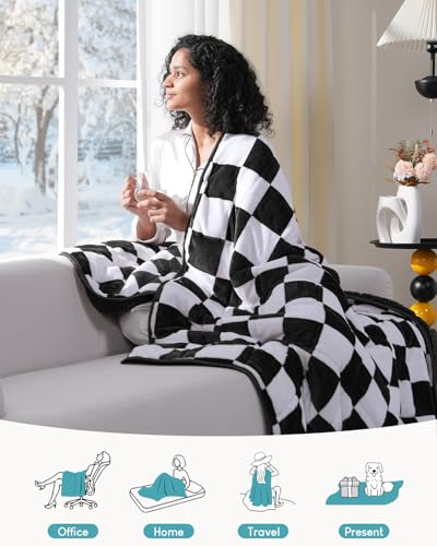 Weighted Blanket for Adults, 20lbs Sherpa Flannel Weighted Blanket Queen Size, Soft Fluffy Fleece Checkerboard Weighted Blankets for Calming and Relax, Plaid Black, 60" x 80"