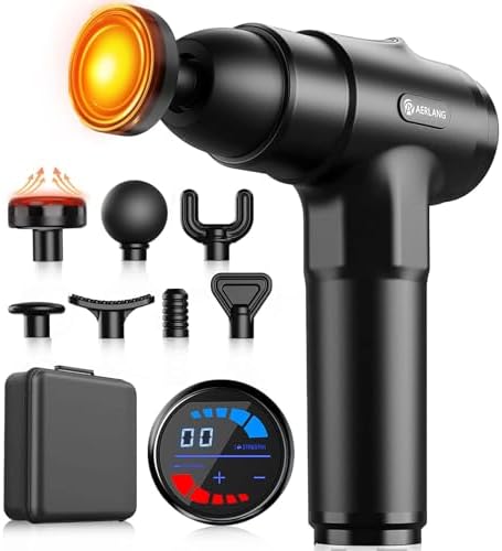 AERLANG Massage Gun with Heat Deep Tissue Back Massager Neck Massager for Pain Relief,Muscle Percussion Massage Gun, Birthday Gifts for Men Women Dad him Handheld Message Gun with 7Heads&Silent