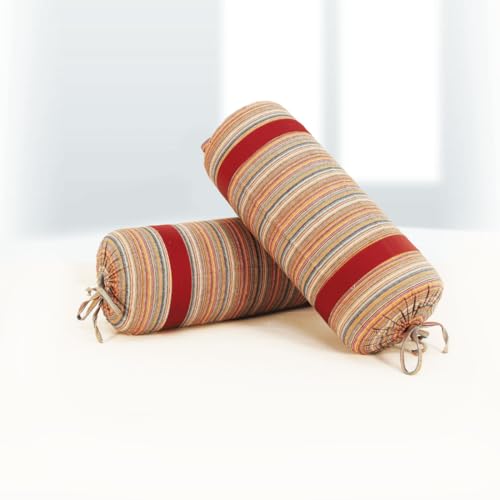 Image of AURAVE Woven Cotton 144 TC Printed Bolster Cover with Drawstring Closure, Set of 2, Soft Breathable Durable Machine Washable for Sofa Bed & Home Decor, 15 inchx30 inch, Maroon | Cover Only
