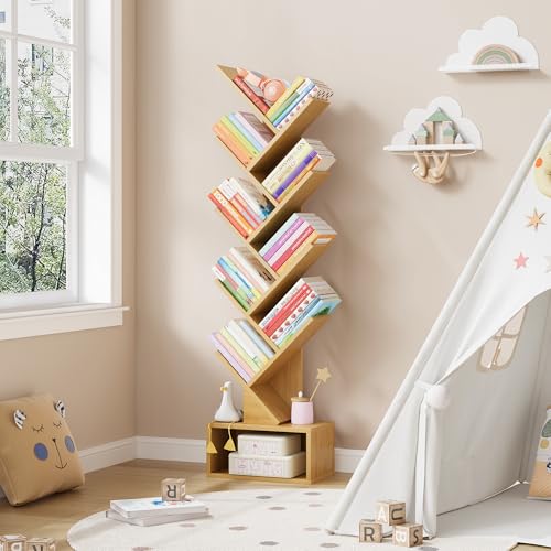 Image of Hoctieon 9 Tier Tree Bookshelf, Tall Bookcase with Drawer, Wood Book Shelf, Modern Floor Standing Bookshelves, Book Organizer Shelves for Bedroom, Living Room, Home Office, Yellow
