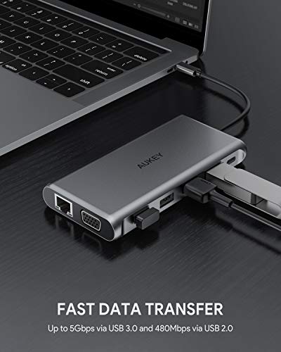 AUKEY USB C Hub 12-in-1 Type C Adapter with Ethernet, 4K HDMI,VGA,2 USB 3.0,2 USB 2.0,100W PD,USB-C Data Port and SD/TF Docking Station for MacBookPro/Air(Thunderbolt 3) and Other USB-C Laptops