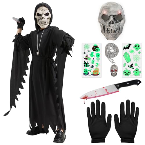 Lozzzyo Conjunto de disfarce de Halloween para crianças, Ghostface disfarces Halloween criança inclui uma máscara de caveira que brilha no escuro, uma adaga falsa e um colar com caveiras (9-10 anos)