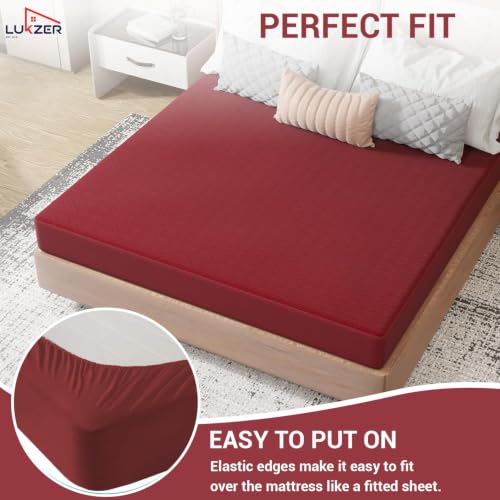 Image of Lukzer 100% Waterproof Quilted Mattress Protector Maroon Queen Size 72 x 60 Inches (6 x 5 ft) Cotton-Feel Bed Protector Soft Noiseless Hypoallergenic Breathable Elastic Fitted Mattress Cover /Bed Cover