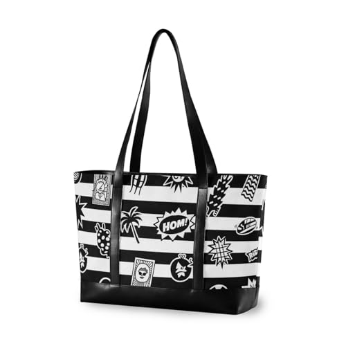 Black White Striped Retro Summer Cool classy laptop tote bag for women with zipper travel tote bag for men with lunch