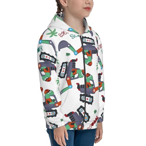 Dinosaur on Excavator2 Kids Pullover Hoodies Boys Zip Up Sweatshirts Girls Athletic Clothes with Pocket4